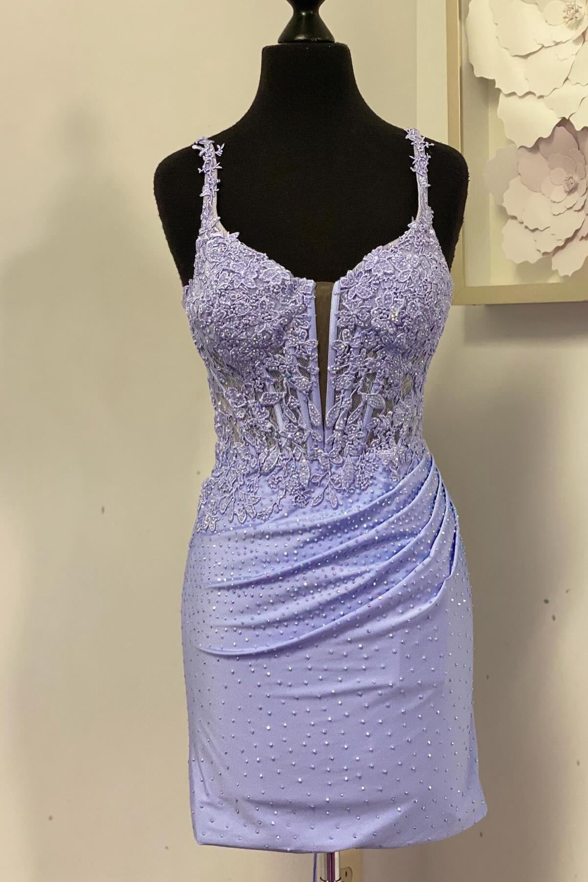 Straps Lavender Appliques Beaded Tight Short Dress