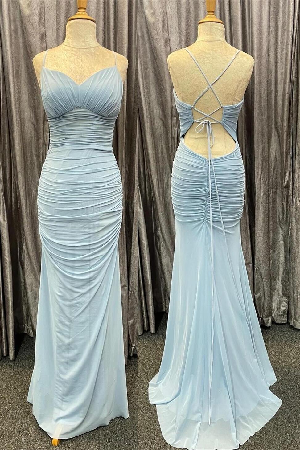 Straps Light Blue Pleated Mermaid Long Prom Dress