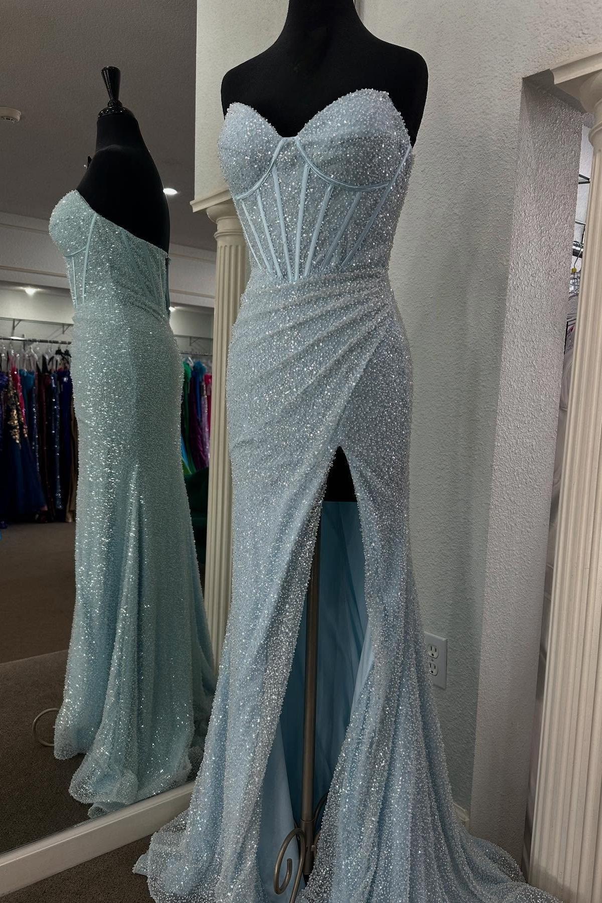 Sweetheart Light Blue Corset Long Dress with Slit