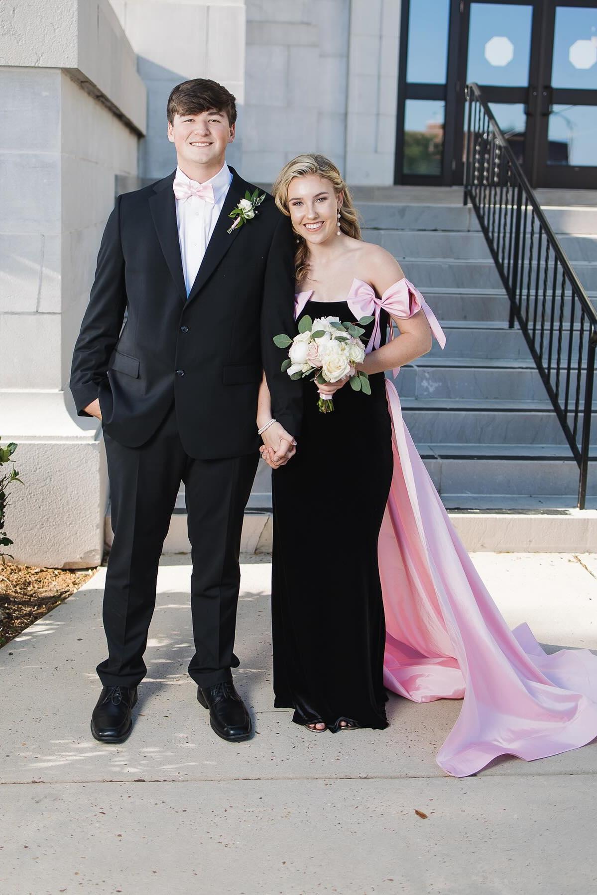 Off the Shoulder Black Long Formal Dress with Pink Bows