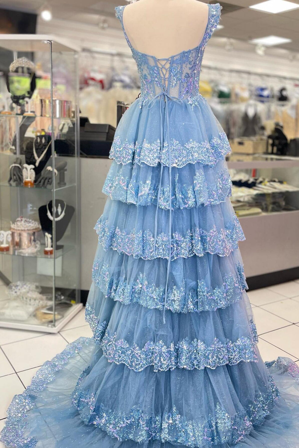 Light Blue Sequin Appliques Tiered Ruffles Prom Gown – Dressesforparty