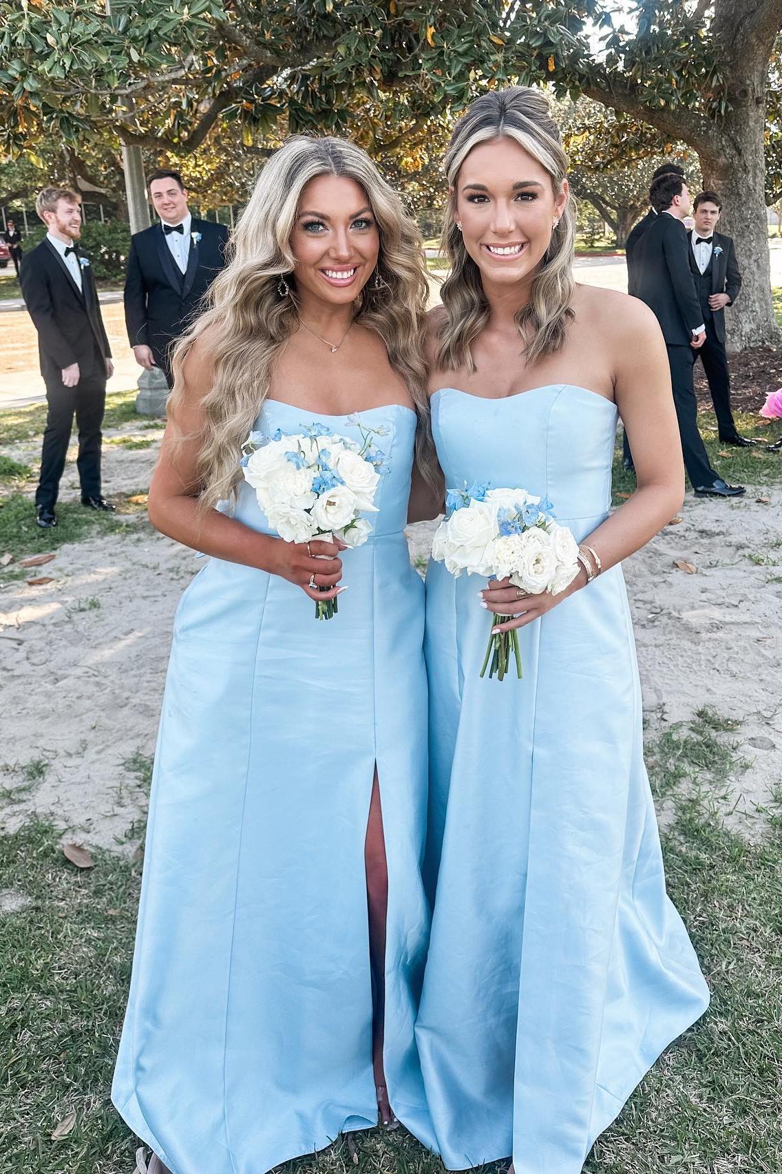 Strapless Light Blue Satin A-line Long Bridesmaid Dress