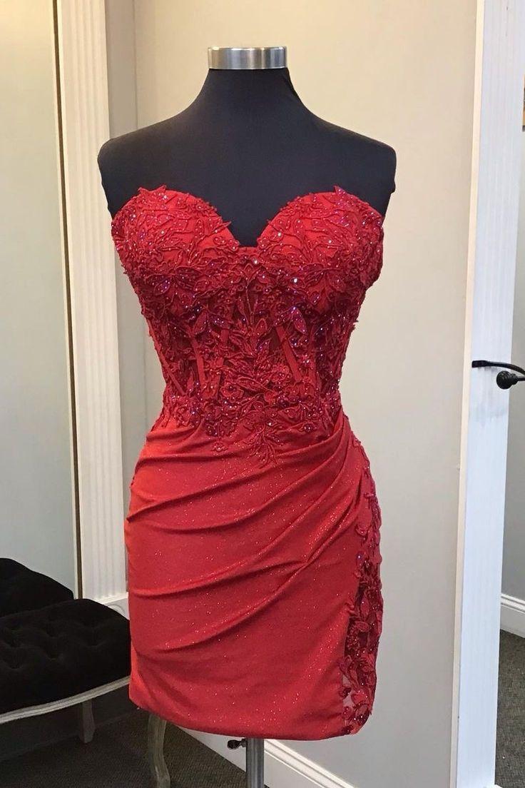 Red Sweetheart Appliques Ruched Tight Dress