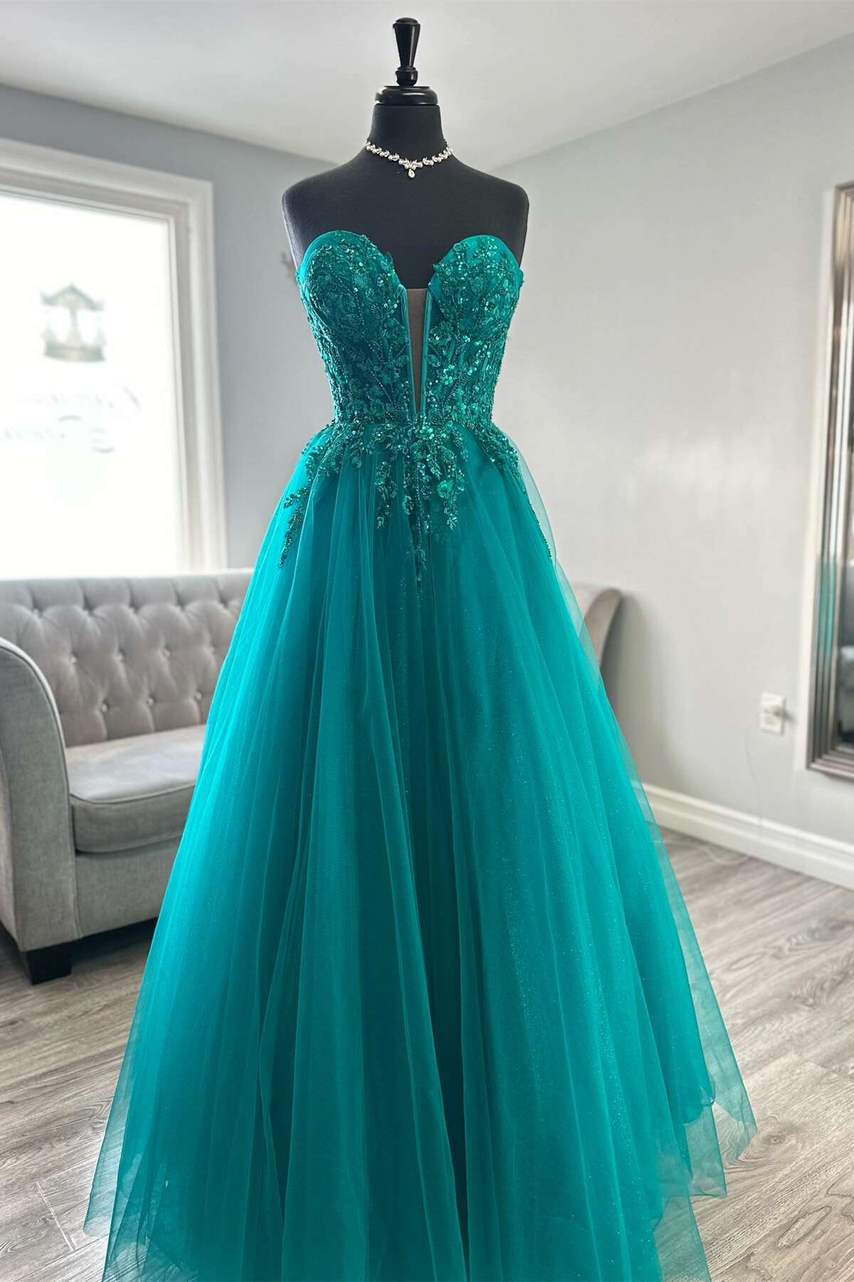 Sweetheart Turquoise Appliques A-line Prom Dress