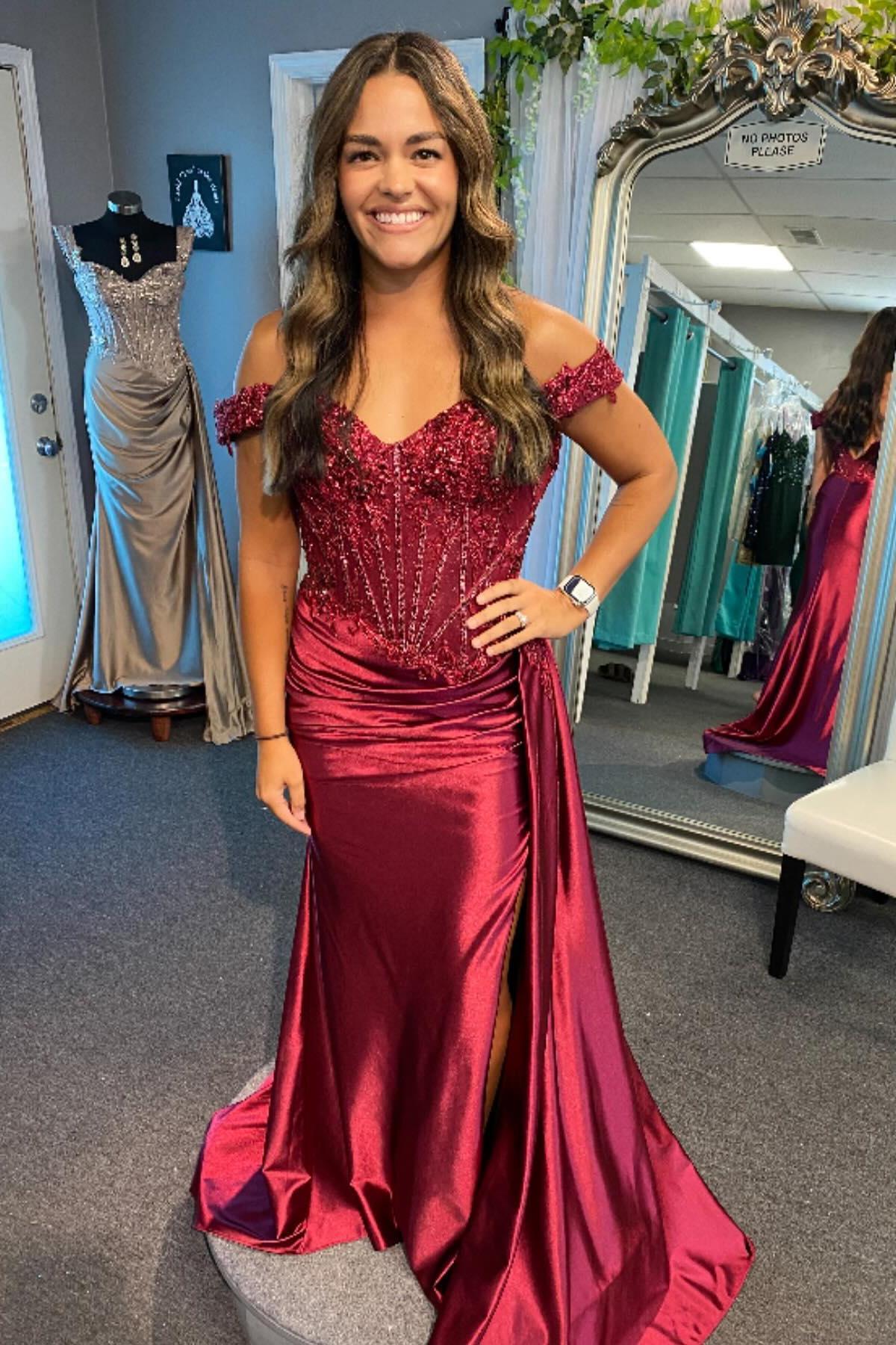 Off the Shoulder Wine Red Appliques Long Formal Dress