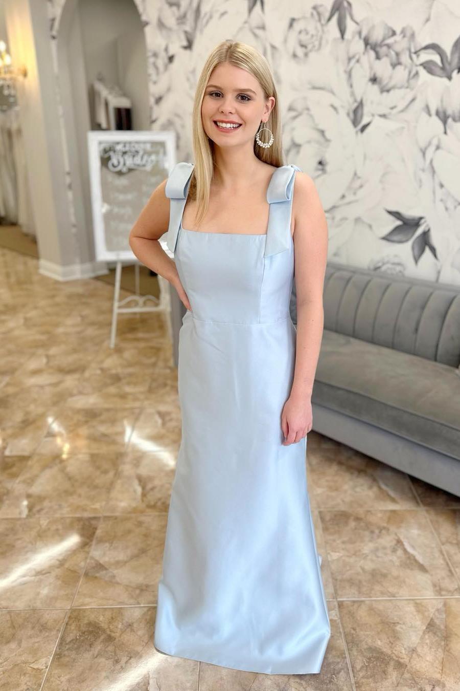 Bow Straps Light Blue Satin Long Bridesmaid Dress