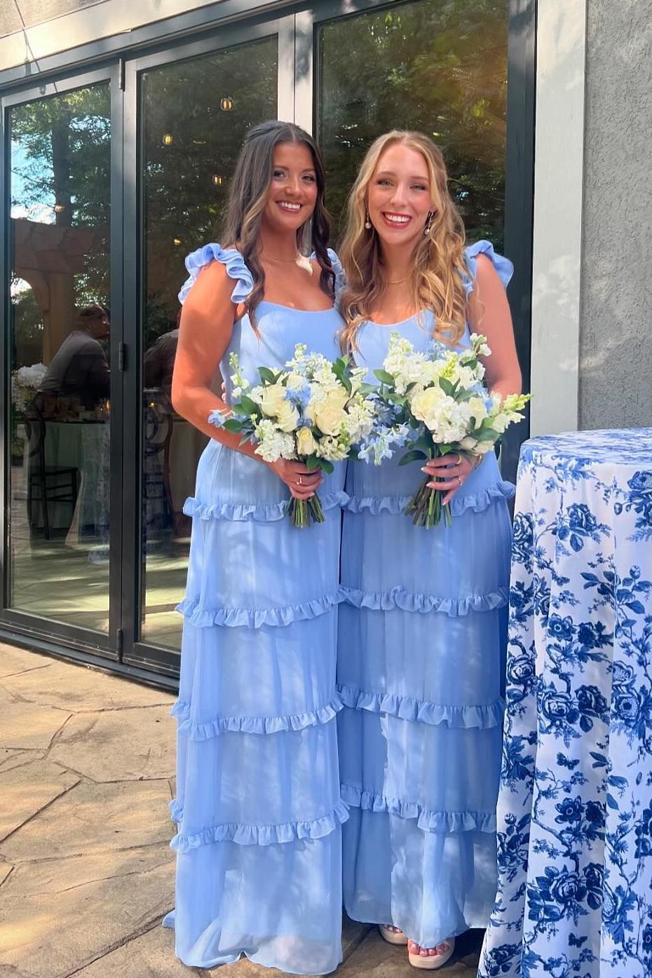 Ruffles Blue Chiffon A-line Long Bridesmaid Dress