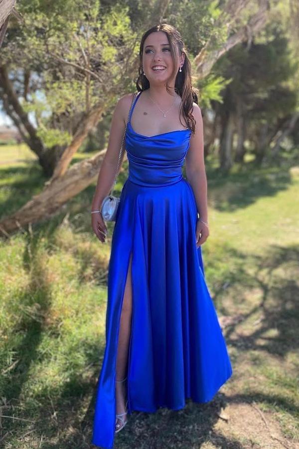 Cowl Neck Royal Blue Satin A-line Formal Dress