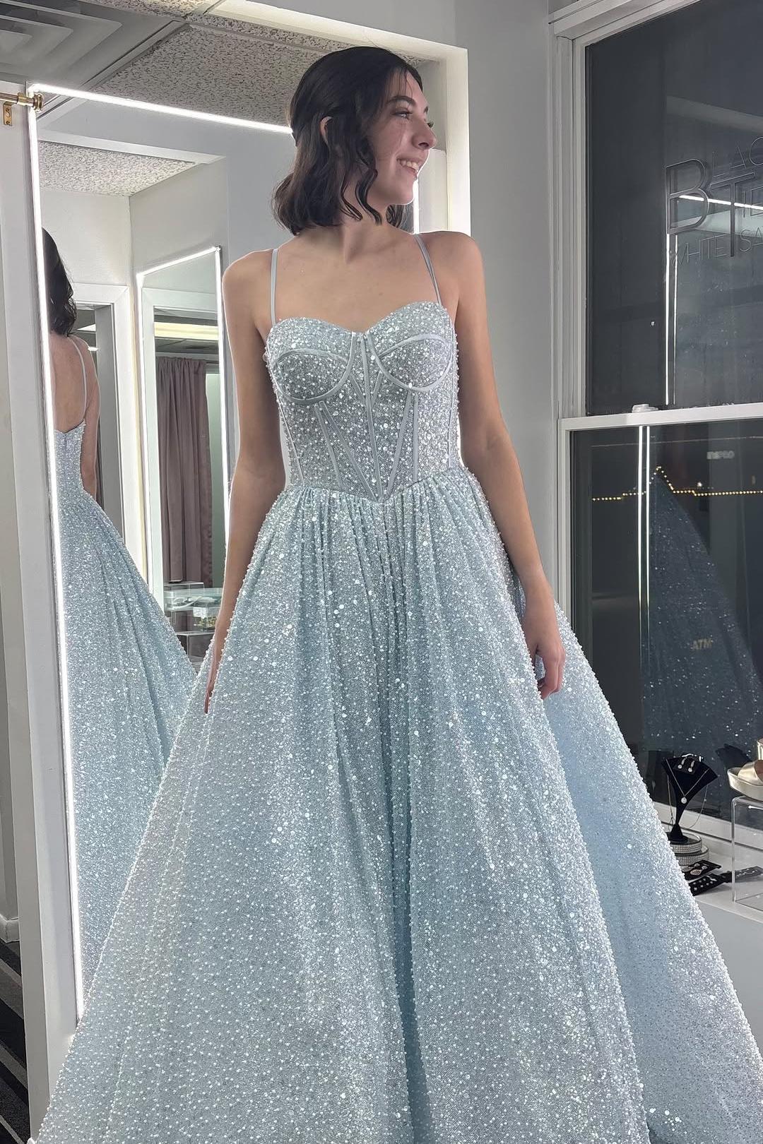 Spaghetti Straps Light Blue Sequin A-line Formal Gown