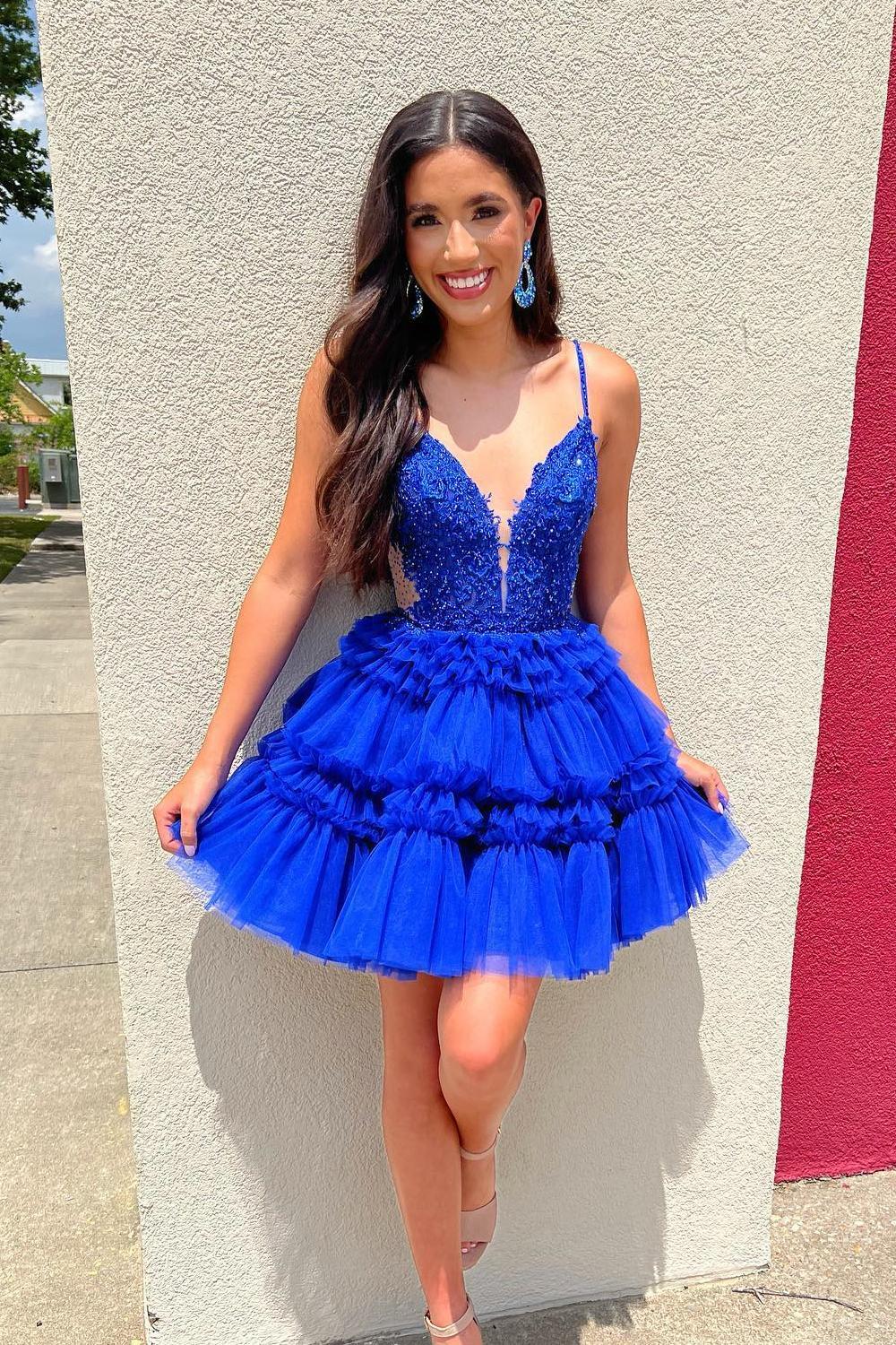Straps Royal Blue Appliques Tiered Ruffle Short Party Dress