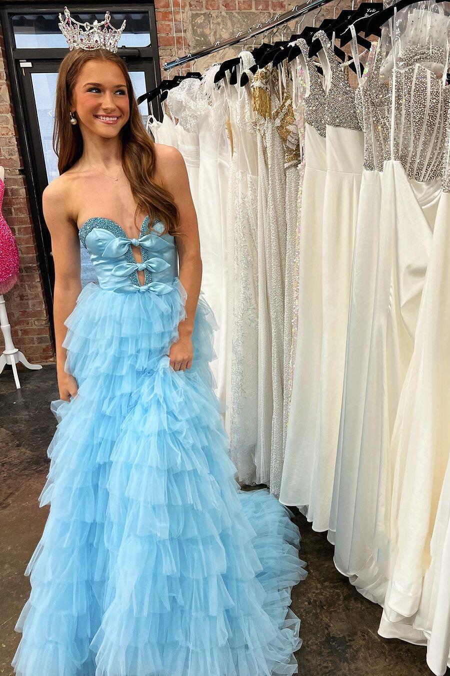 Beaded Sweetheart Light Blue Ruffles Long Dress