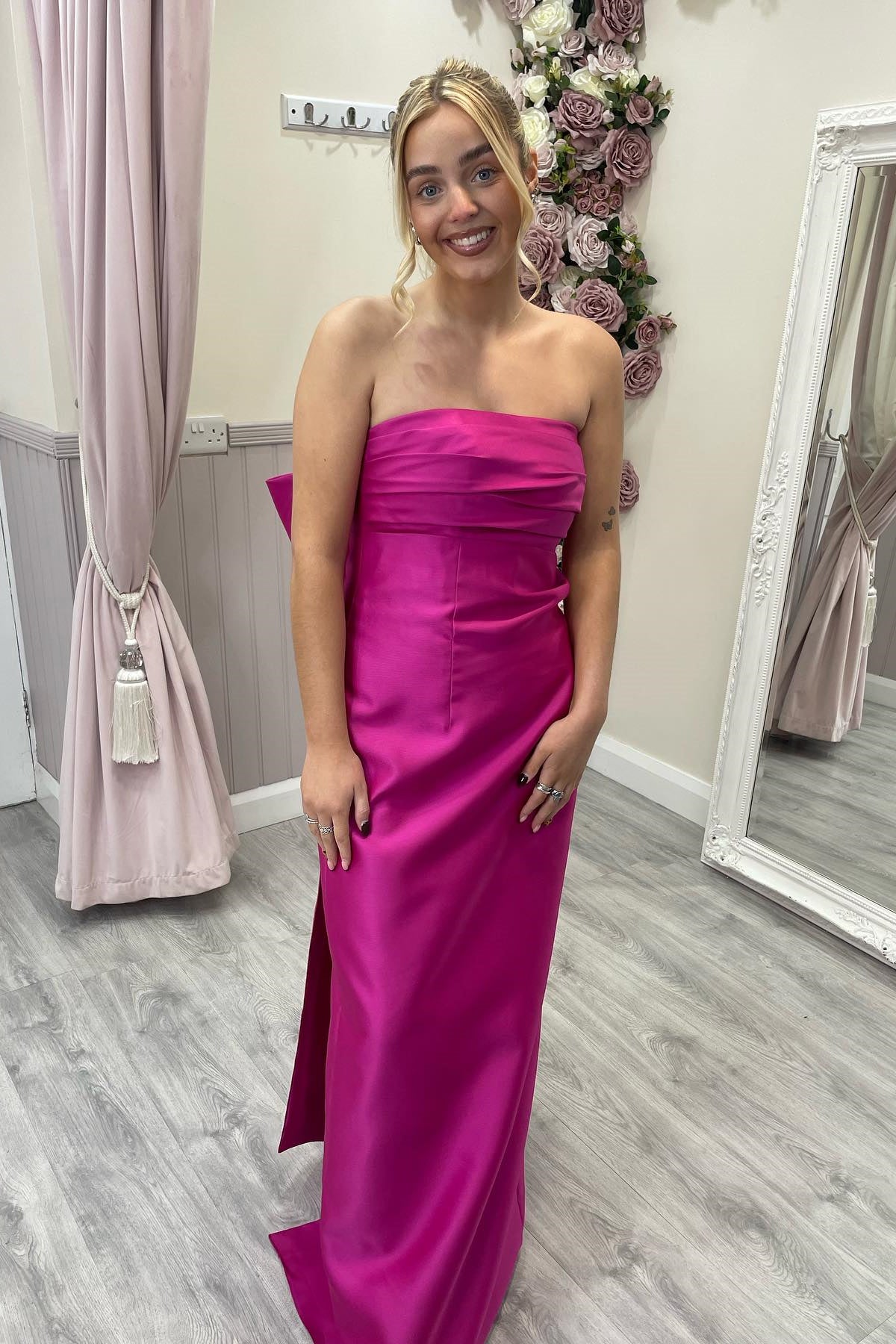 Strapless Fuchsia Sheath Long Party Dress with Bow Back