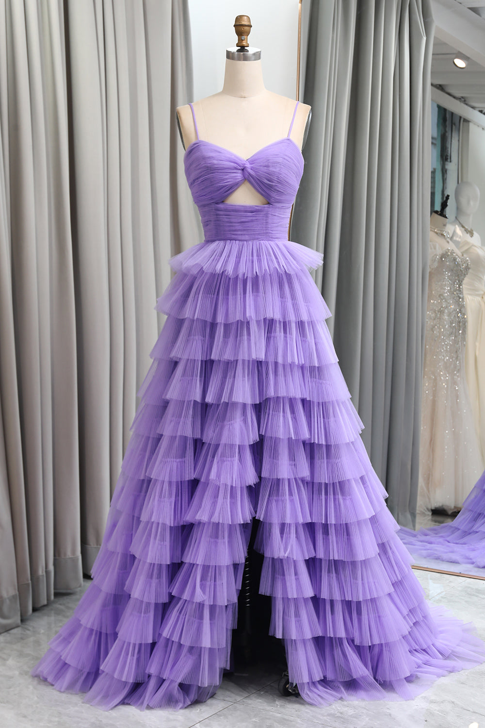 Straps Light Purple Tulle Ruffle A-line Long Prom Dress
