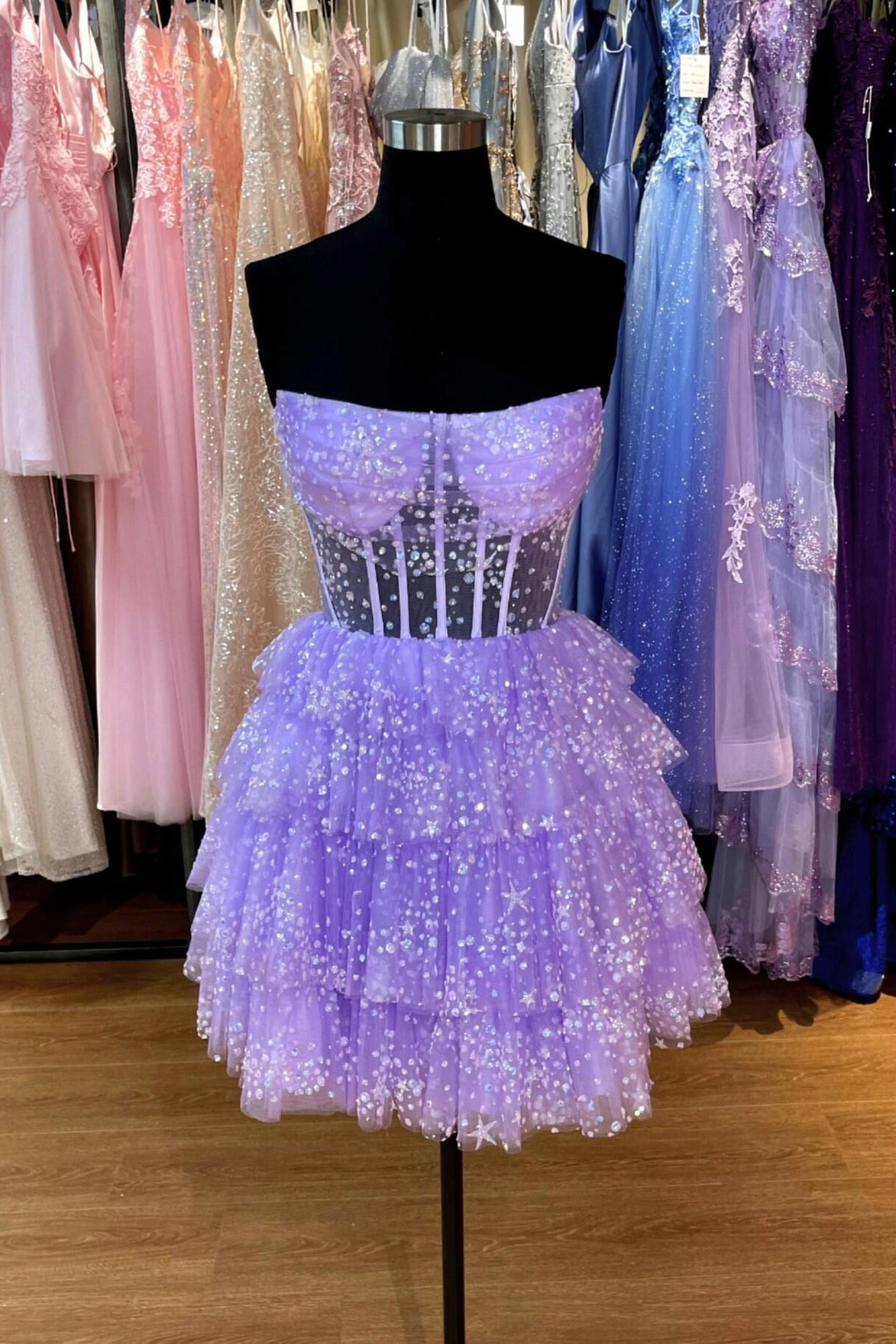 Straps Lavender Ruched Ruffles Short Princess Dress