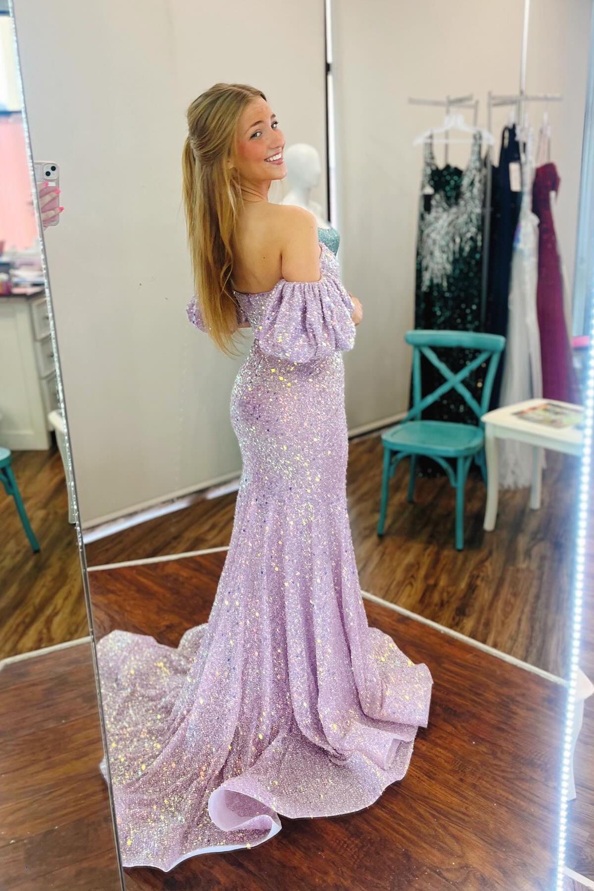 Lavender Sequin Mermaid Long Prom Dress with Short Puff Sleeves