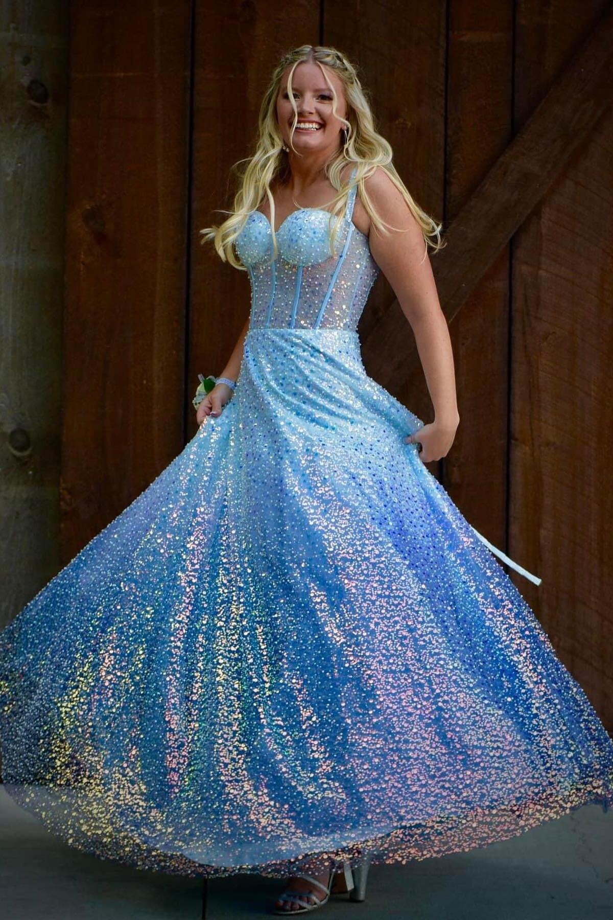 Light Blue Corset A-line Long Prom Dress