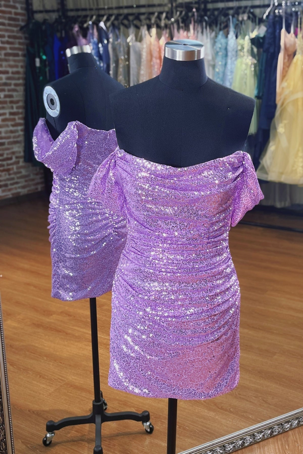 Off the Shoulder Purple Sequin Ruched Mini Dress