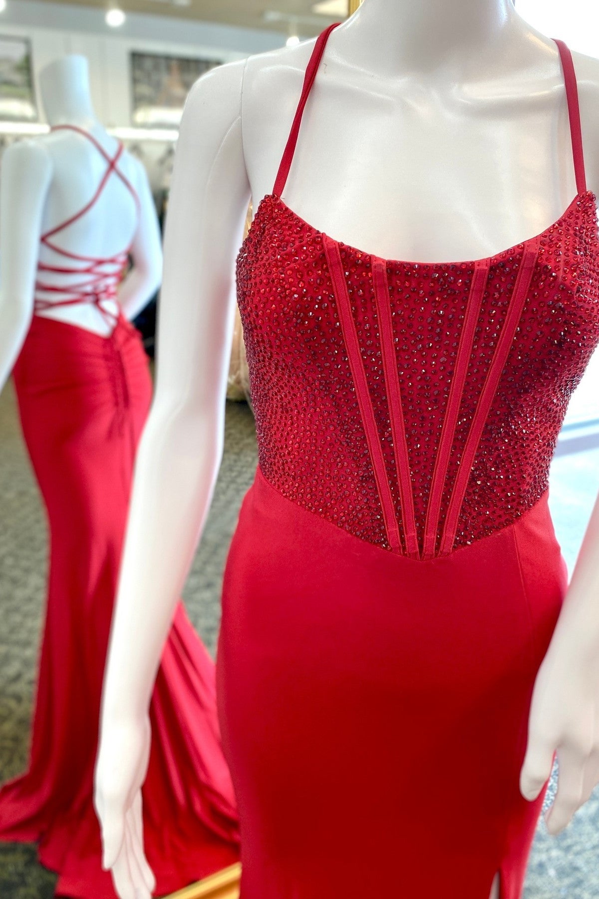 Scoop Red Beaded Mermaid Long Prom Dress