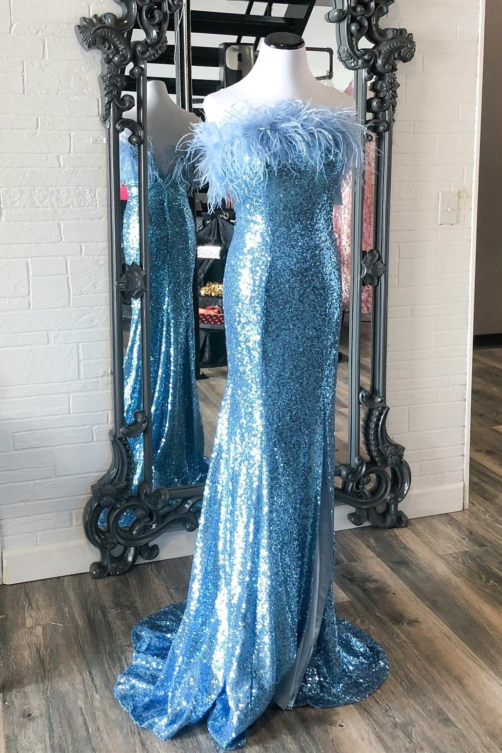 Strapless Fur Light Blue Sequin Mermaid Formal Dress