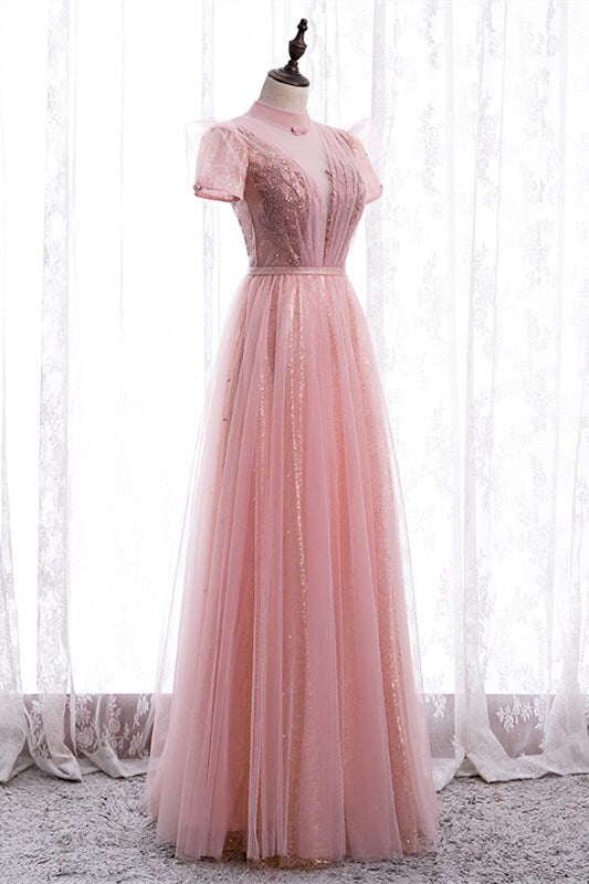 Princess High Neck Pink Long Party Dress 