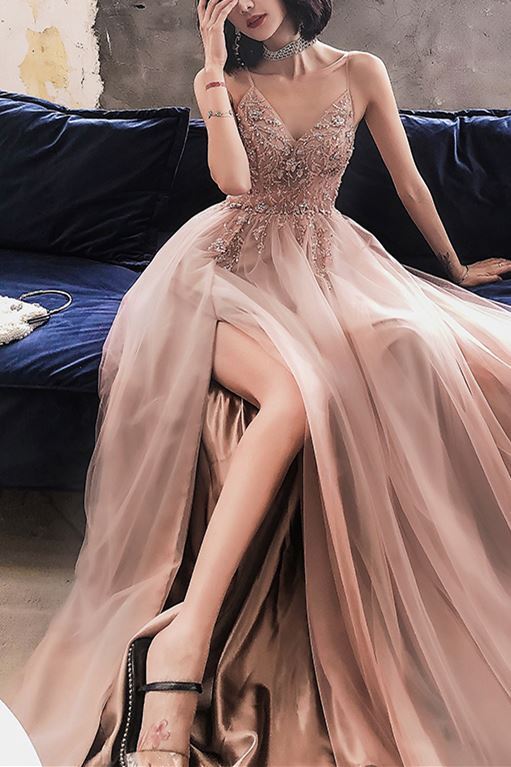 Rhinestons Rose Gold A-line Long Prom Dress