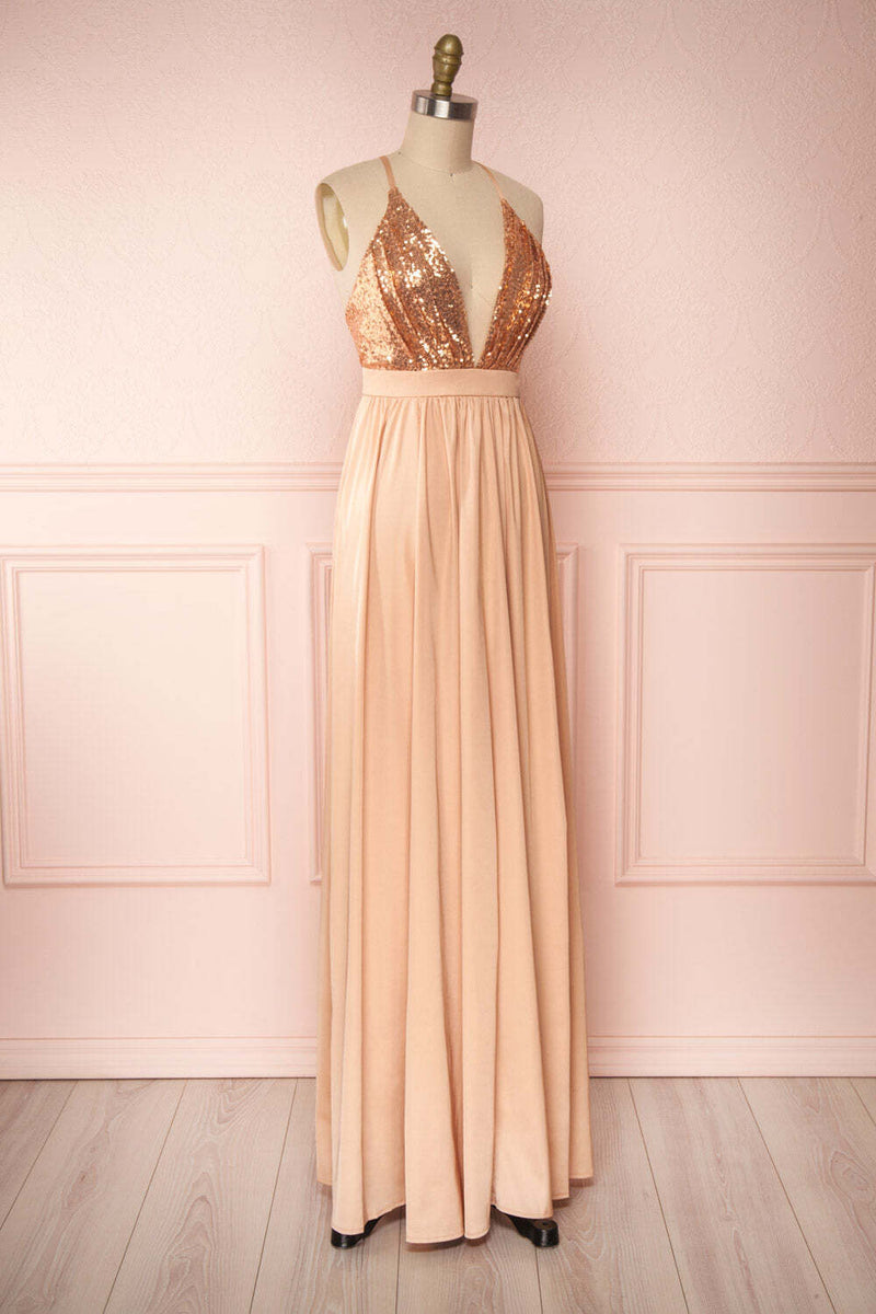 Rose Gold Sequin and Chiffon A-line Long Bridesmaid Dress