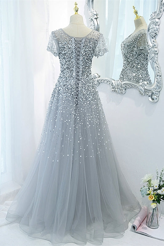 Silver Sequins A-line Long Formal Dress with Cap Sleeves