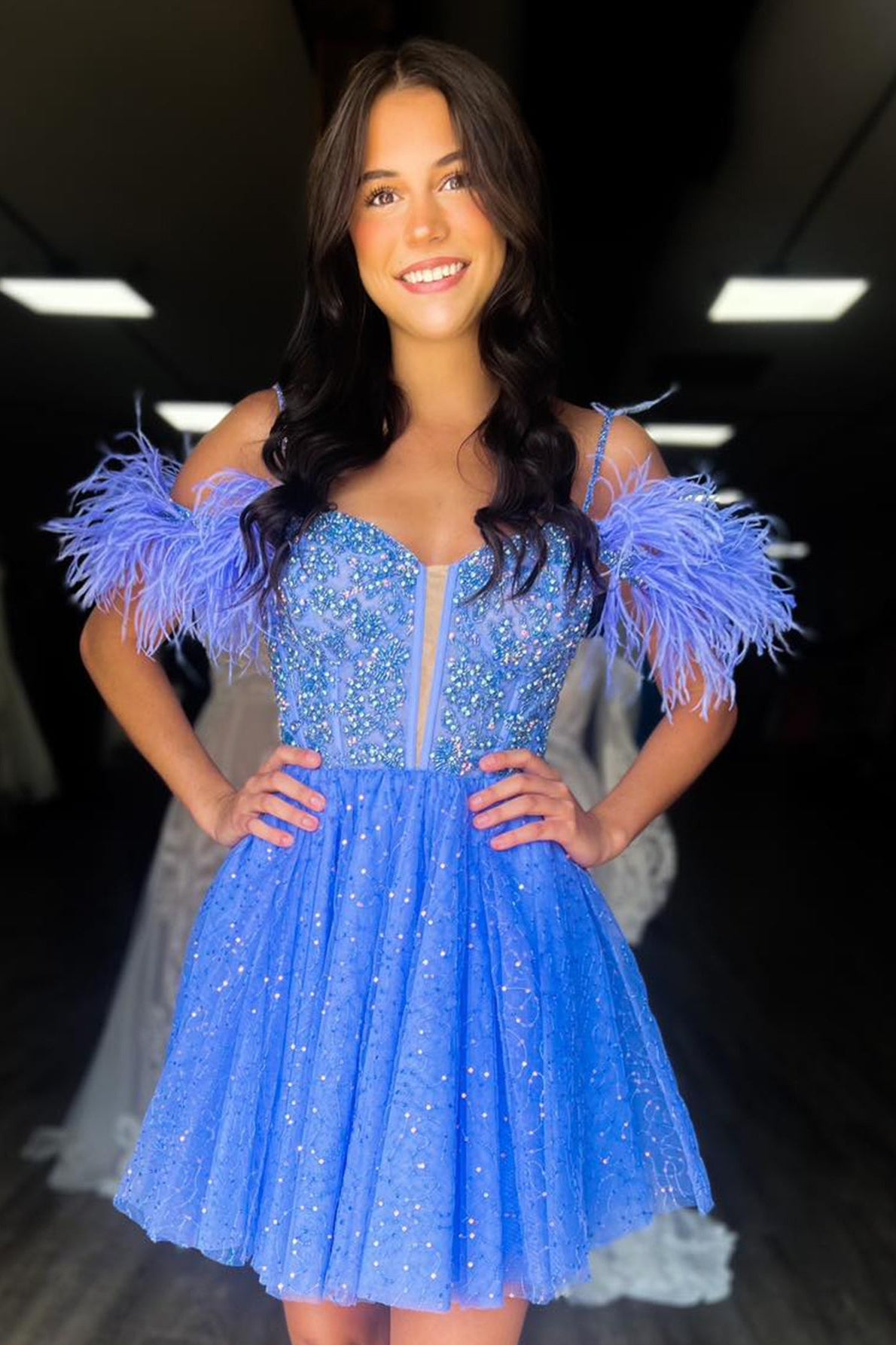 Straps Blue Beaded A-line Feather Dress