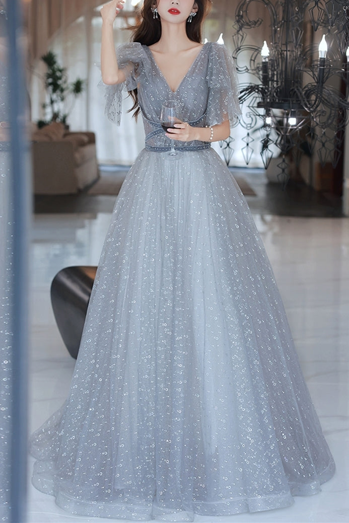 Grey V Neck A-line Long Formal Gown with Flutter Sleeves