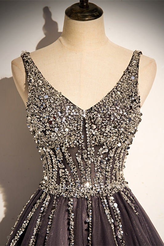 Classic A-line Brown and Silver Sequins Formal Dress