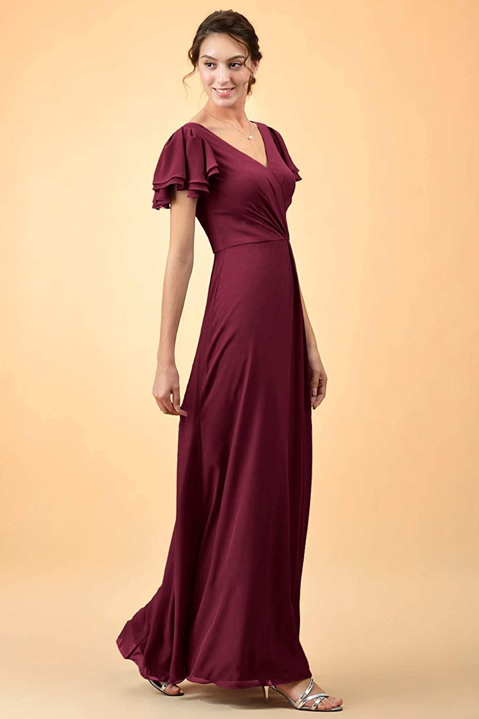 Flutter Sleeves A-line Burgundy Chiffon Bridesmaid Dress
