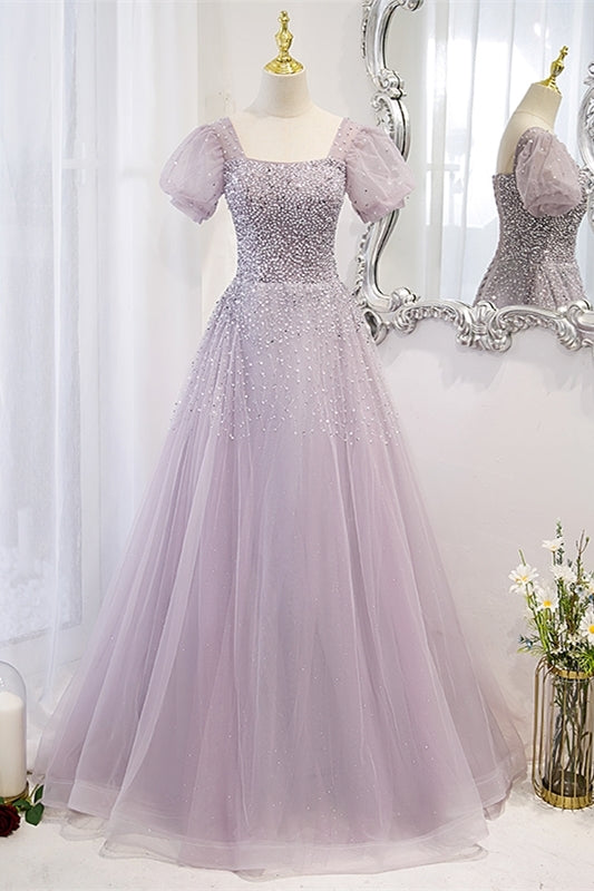 Lilac Tulle A-line Beaded Short Sleeves Prom Dress