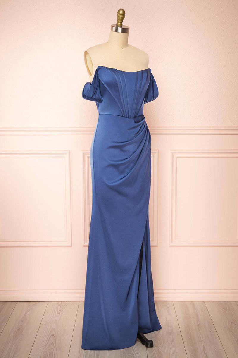 Strapless Navy Blue Mermaid Long Bridesmaid Dress with Slit