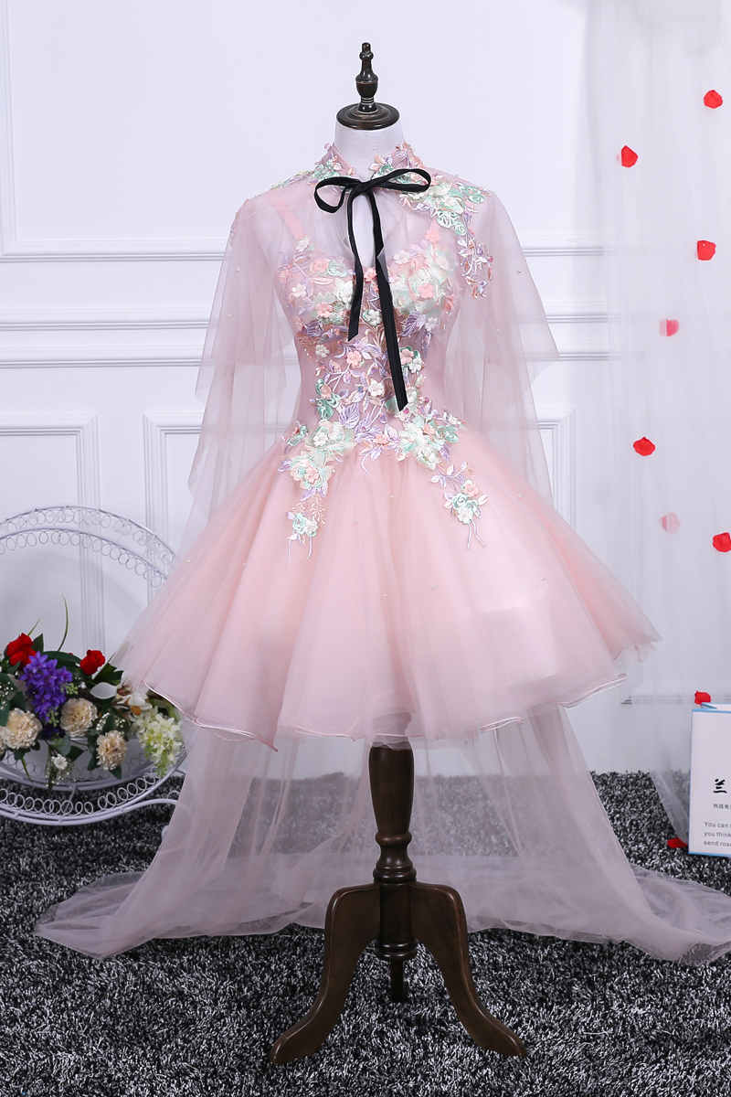 A-line Pink Floral Embroidery Short Party Dress